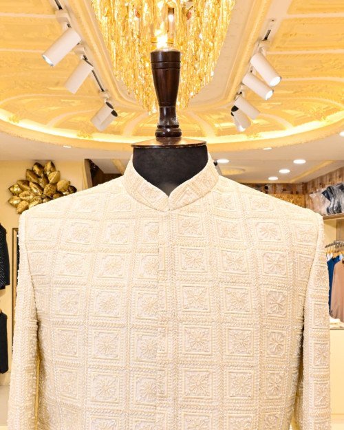 Sherwani for Men in White Styling with Elegant Hand Work Embroidery