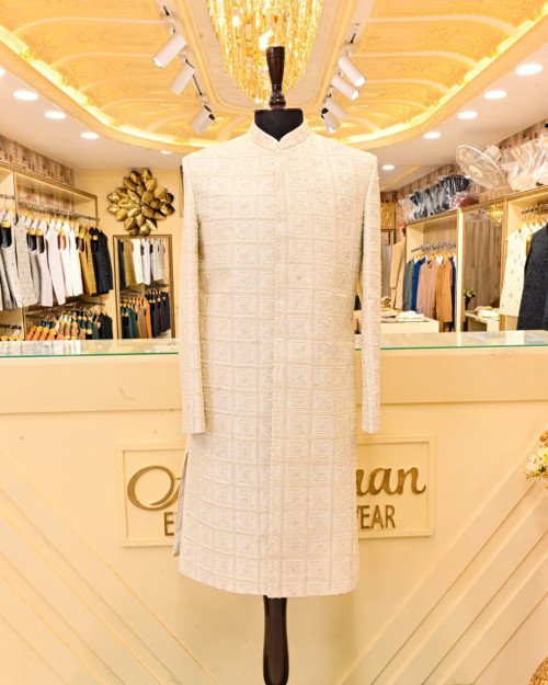 Sherwani for Men in White Styling with Elegant Hand Work Embroidery