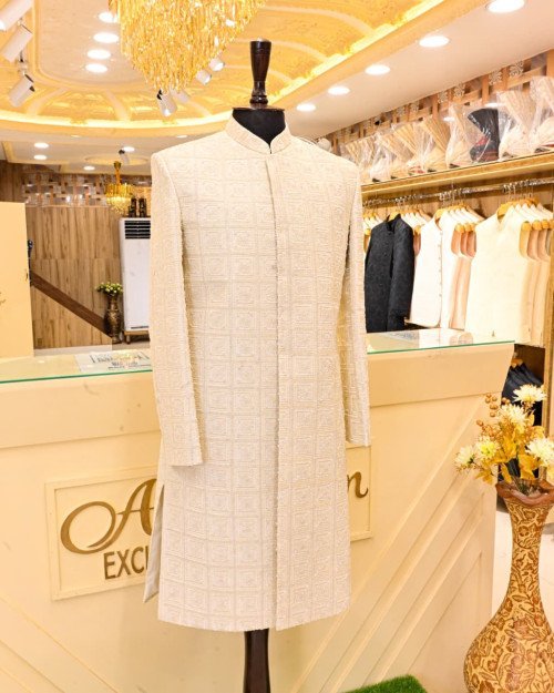 Sherwani for Men in White Styling with Elegant Hand Work Embroidery