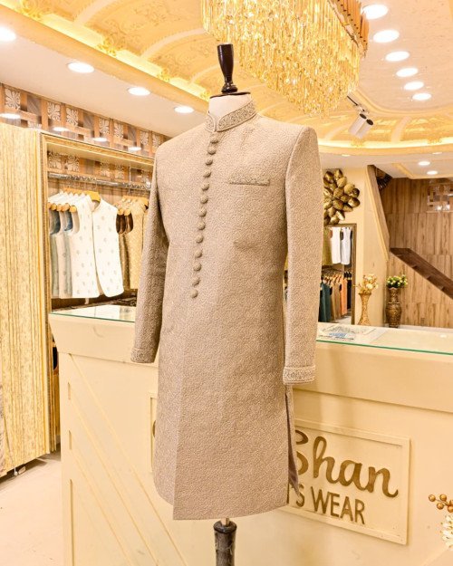 Sherwani for Men in Gray Skin Styling with Elegant Hand Work Embroidery