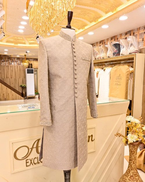 Sherwani for Men in Gray Skin Styling with Elegant Hand Work Embroidery
