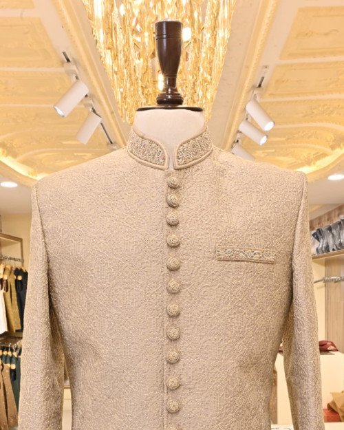 Sherwani for Men in Gray Skin Styling with Elegant Hand Work Embroidery