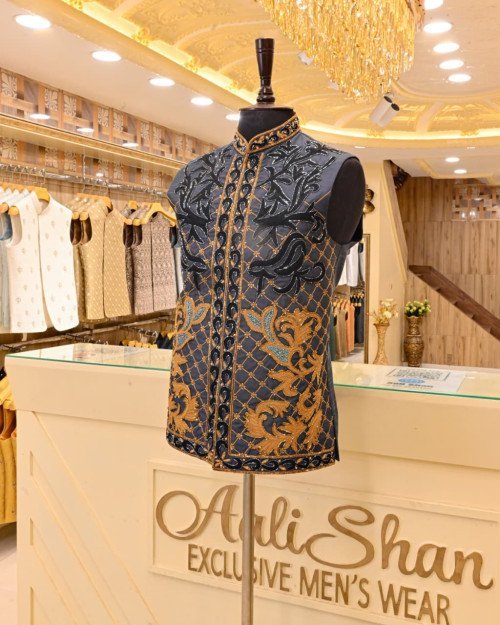 Black Waistcoat for Men in Classic Black Styling with Elegant Embroidery