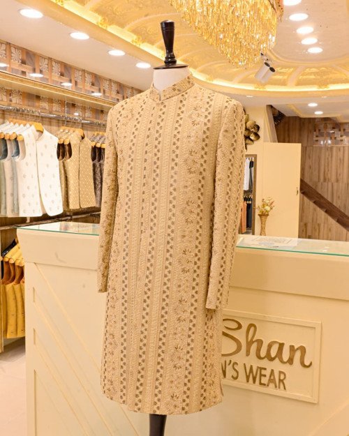 Sherwani for Men in Skin Styling with Elegant Hand Work Embroidery Premium Stuff