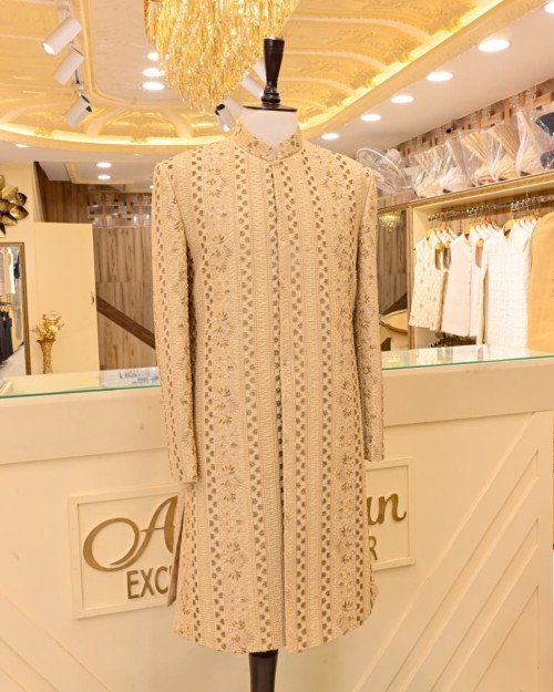 Sherwani for Men in Skin Styling with Elegant Hand Work Embroidery Premium Stuff