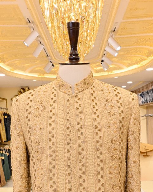 Sherwani for Men in Skin Styling with Elegant Hand Work Embroidery Premium Stuff