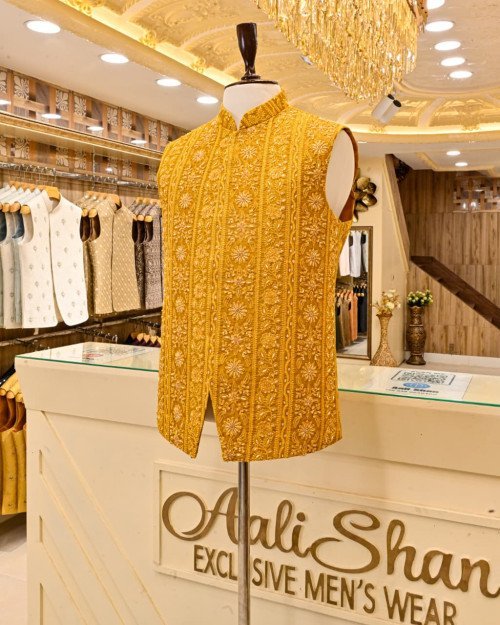 Mehndi Night Waistcoat for Men with Elegant Hand Work Embroidery