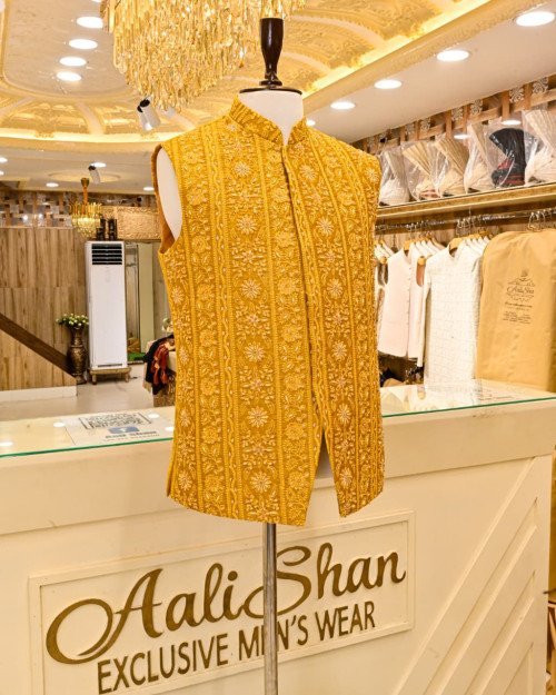 Mehndi Night Waistcoat for Men with Elegant Hand Work Embroidery