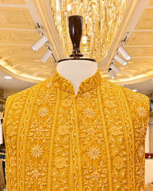 Mehndi Night Waistcoat for Men with Elegant Hand Work Embroidery