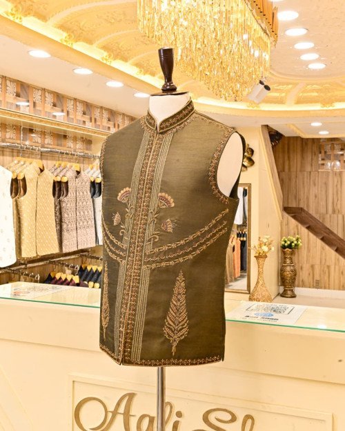 Waistcoat for Men in Dark Brown Styling with Elegant Hand Work Embroidery