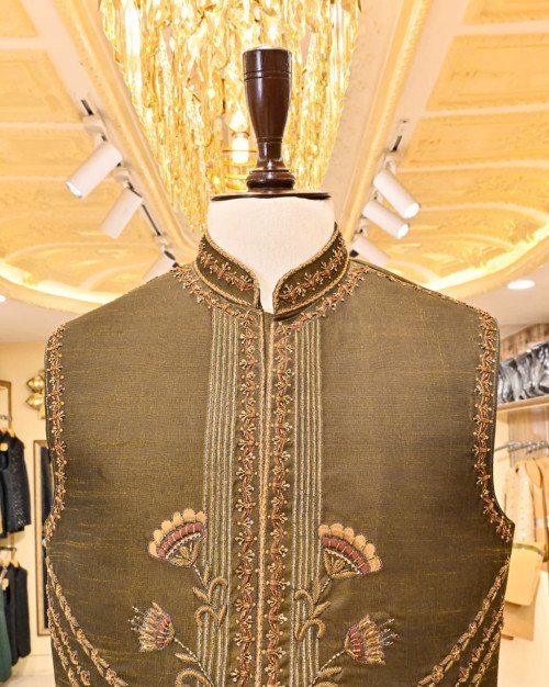 Waistcoat for Men in Dark Brown Styling with Elegant Hand Work Embroidery