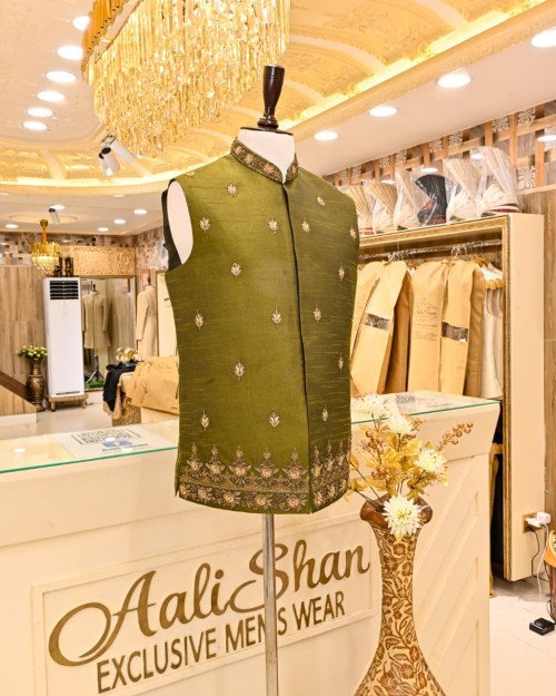 Waistcoat for Men in Dark Green Styling with Elegant Hand Work Embroidery