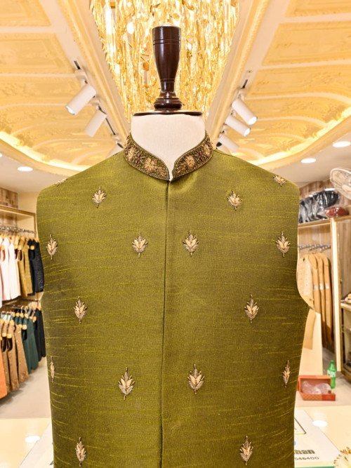Waistcoat for Men in Dark Green Styling with Elegant Hand Work Embroidery