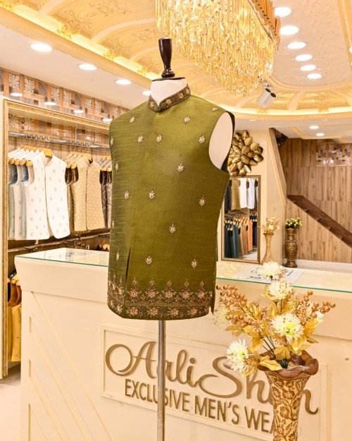 Waistcoat for Men in Dark Green Styling with Elegant Hand Work Embroidery
