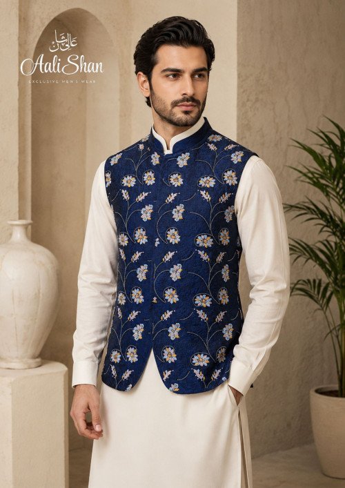 Royal Blue Waistcoat for Men with Hand-Worked Floral Embroidery – A Statement Piece for Festive and Formal Occasions