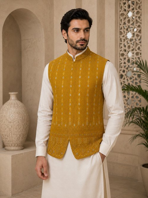 Elegant Traditional Men's Waistcoat with Intricate Hand Embroidery for Formal and Festive Occasions