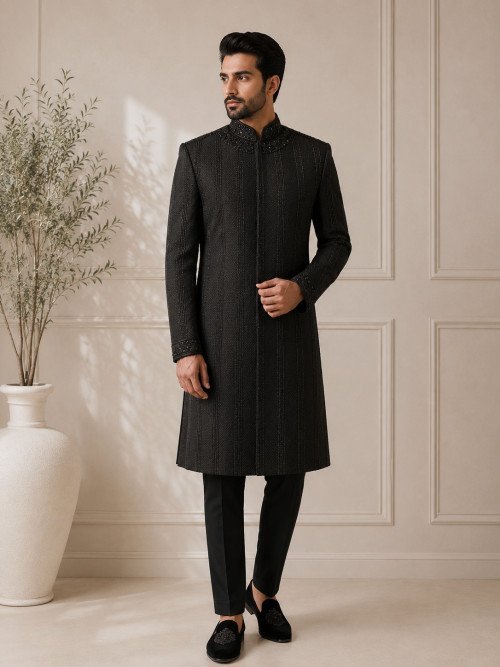 Black Sherwani with Kulla – Front & Back Embroidery Handcrafted Perfection