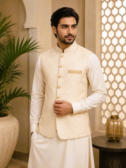 Men's Skin Color Embroidered Waistcoat with Elegant Detailing for Weddings and Cultural Events