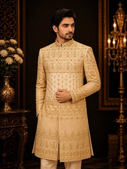 Exquisite Cream White Sherwani Featuring Full Detailed Hand Embroidery with Perfectly Coordinated Matching Kulla for a Regal and Timeless Look