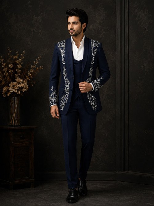 Navy-Blue Embroidered 3-Piece Suit – Timeless Sophistication
