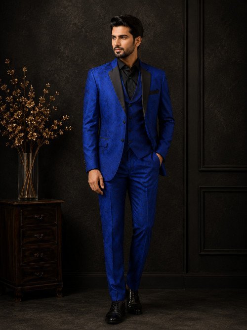 Bold Blue Printed 3-Piece Suit for Men – Standout Style