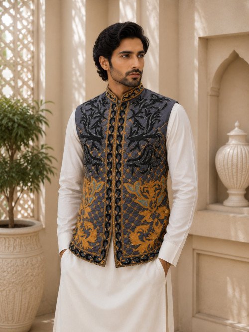Black Waistcoat for Men in Classic Black Styling with Elegant Embroidery