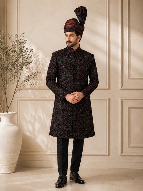 Black Sherwani with Kulla & Shoes – Red Embroidery Handcrafted Majesty