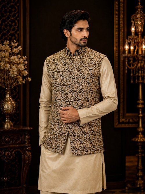 Classic Skin-Black Hand-Embroidered Waistcoat for Men – A Timeless Statement of Grace and Masculinity