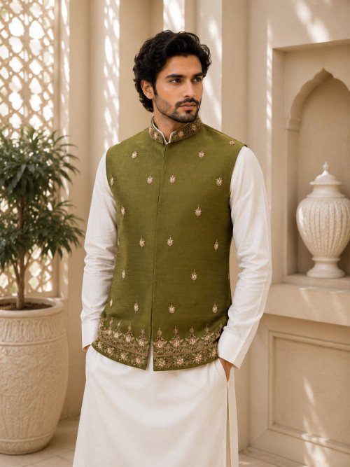 Waistcoat for Men in Dark Green Styling with Elegant Hand Work Embroidery