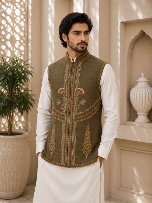 Waistcoat for Men in Dark Brown Styling with Elegant Hand Work Embroidery