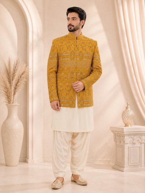 Mehndi Night Prince Coat for Men with Elegant Hand Work Embroidery