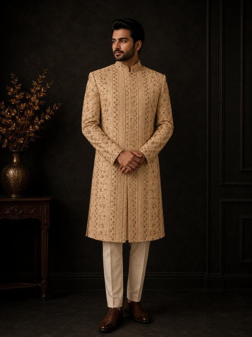 Sherwani for Men in Skin Styling with Elegant Hand Work Embroidery Premium Stuff