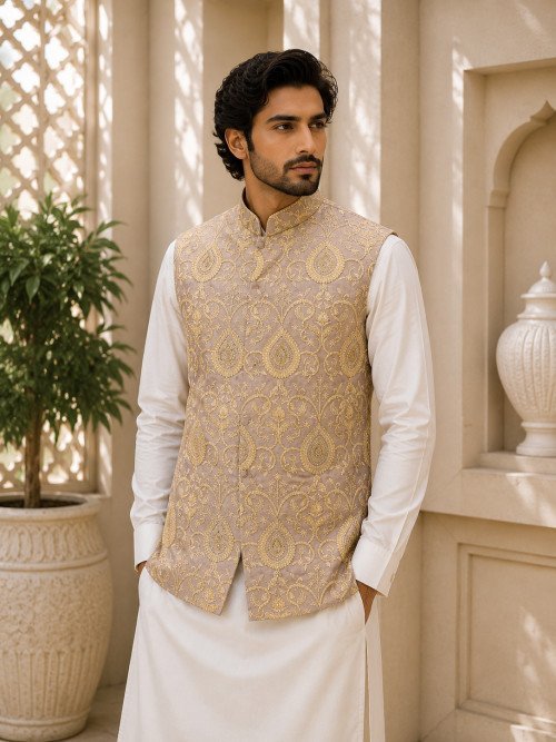 Waistcoat for Men in Brown Styling with Elegant Hand Work Embroidery