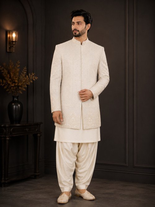 White Prince Coat for Men with Premium Hand Work Embroidery