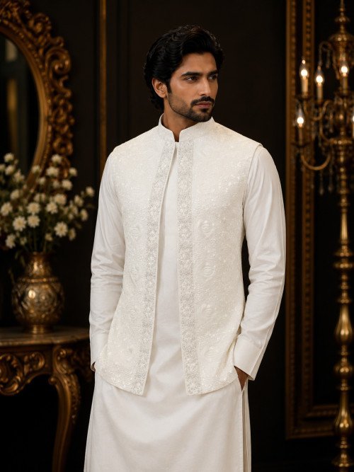 White Front-Open Waistcoat with Elegant Embroidery