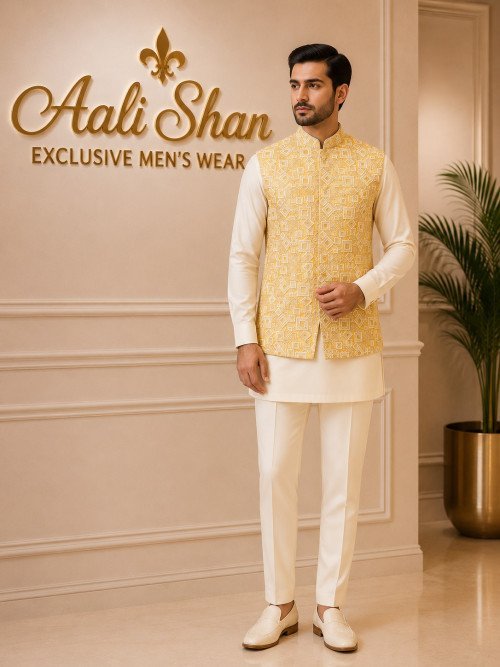 Yellow Styling Waistcoat with Full Embroidery