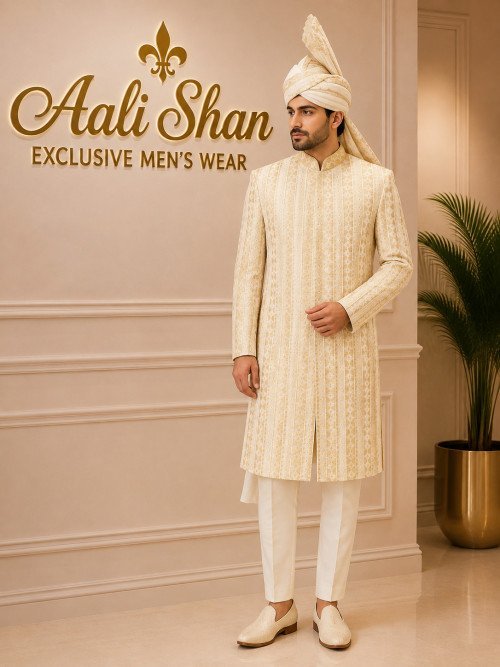 White Skin-Toned Sherwani with Kulla – Handwork & Embroidery Elegance