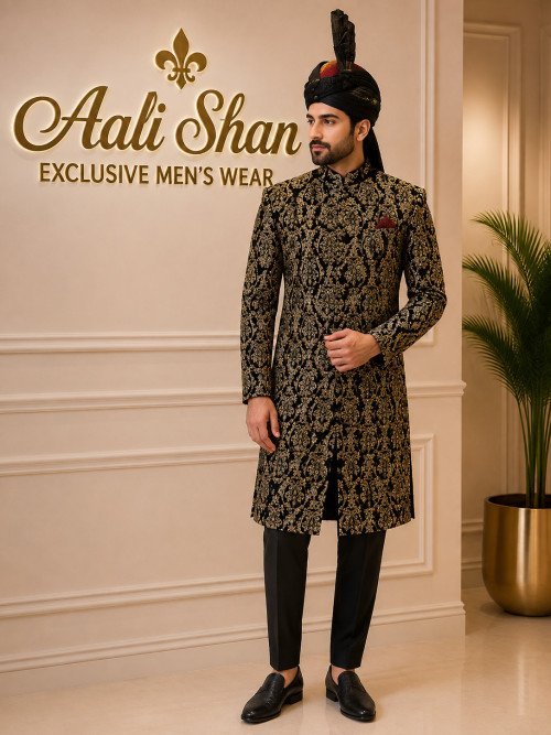 Short Sherwani in Rich Black Tone with Ornate Golden Hand Embroidery and Matching Kulla for a Regal Appeal