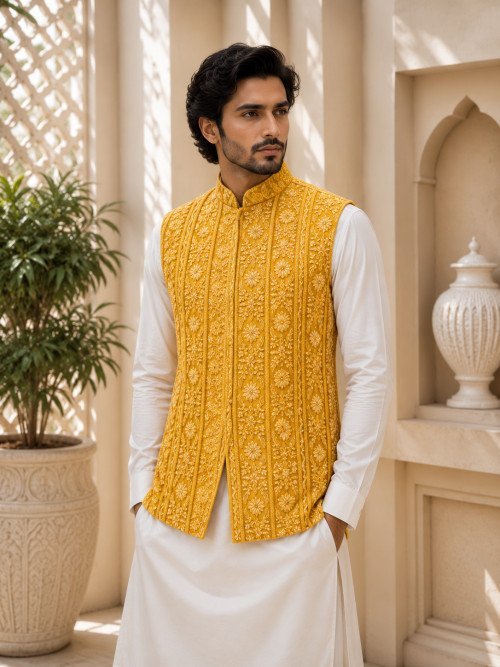 Mehndi Night Waistcoat for Men with Elegant Hand Work Embroidery