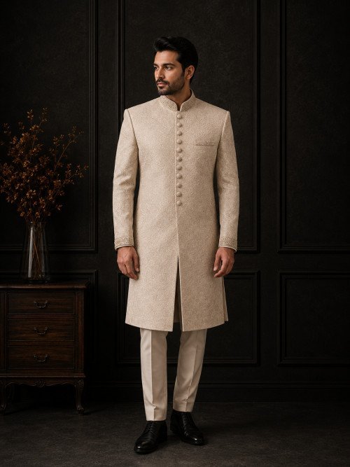 Sherwani for Men in Gray Skin Styling with Elegant Hand Work Embroidery