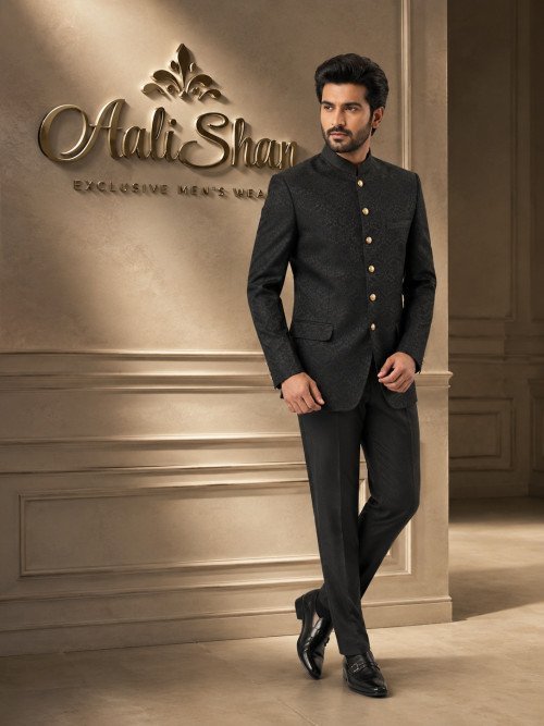 Custom-Made Fully Embroidered Black Prince Coat for Groom Bold & Regal