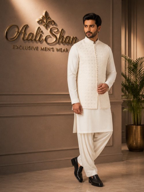 Cream Waistcoat with Embroidery and Mirror Work