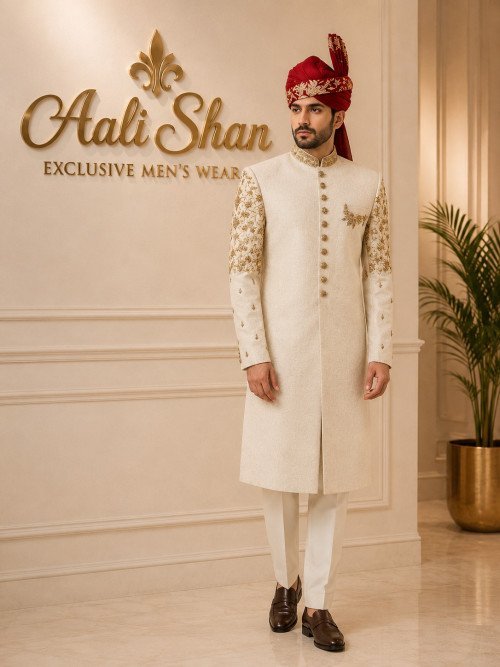 Embroidered Sherwani with Kulla Handwork, Shoulder & Baan Styling