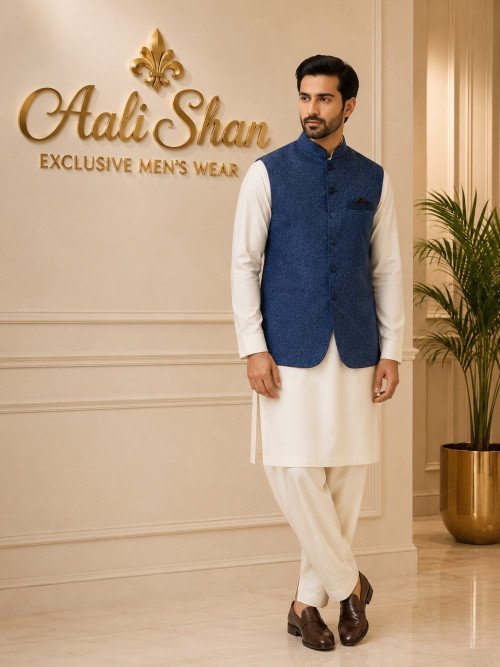 Dark Blue Embroidered Waistcoat for Men with Elegant Detailing – Ideal for Formal Events and Traditional Wear