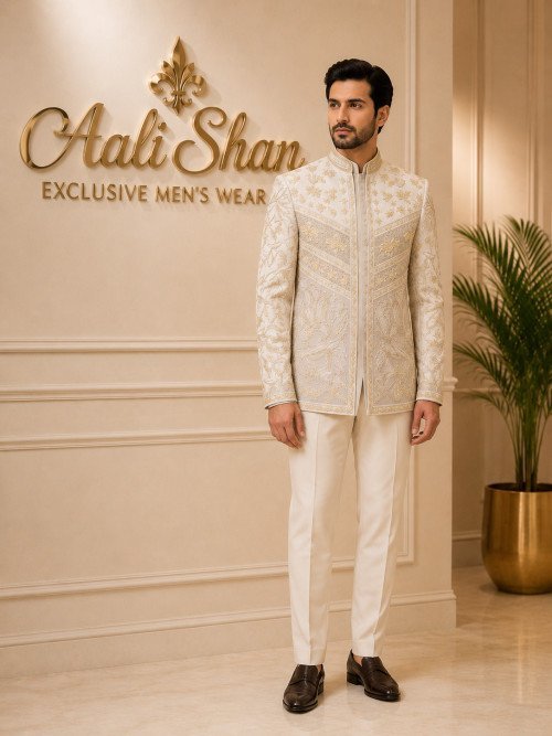 Open Gala Prince Coat for Men with Exquisite Hand Work Embroidery