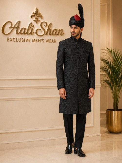 Black Styled Sherwani with Kulla – Elegant Embroidery Detailing