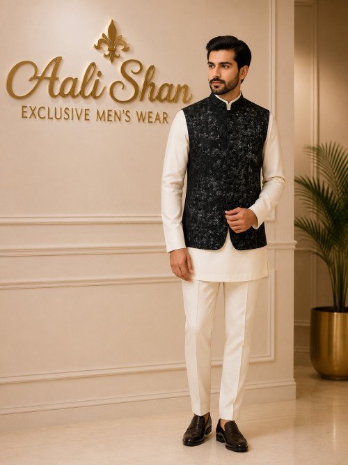 Classic Black Embroidered Waistcoat for Men with Intricate Detailing for Formal and Festive Wear