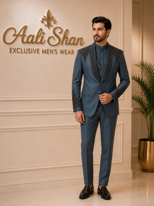 Exquisite Black Handmade Embroidered 3-Piece Suit for Men