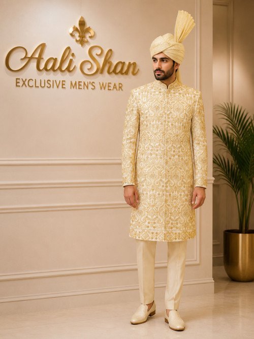 Fully Handcrafted Sherwani with Kulla – Exquisite Embroidery Masterpiece