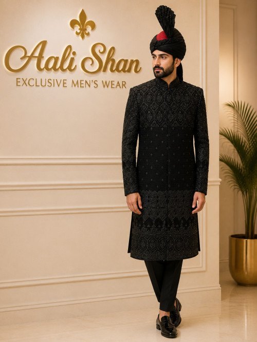 Black Fully Embroidered Sherwani with Kulla – Handwork Majesty